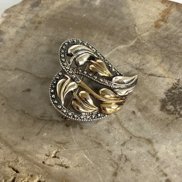 Sterling Silver 925 Mixed Metal Gold Vermeil Foliage Leaf Floral Heart Brooch - Picture 12 of 16
